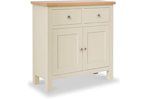 RoselandFurniture Farrow Mini Cream Sideboard for Living Room Painted Small Storage Cabinet | Fully Assembled Solid Wood 2 Door Cupboard with 2 Drawers & Oak Top for Kitchen Dining Room or Hallway