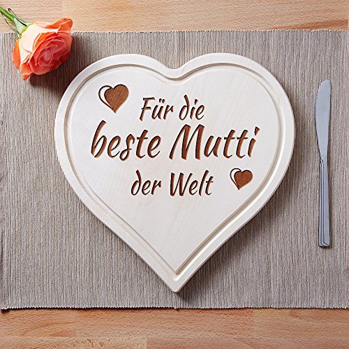 Schneidebrett Herz mit Gravur – Für die beste Mutti der Welt – Ideal als Muttertagsgeschenk – Frühstücksbrett – Küchenbrett – Deko aus 1,5 cm dicken edlem Ahorn Holz mit Saftrille – 30 cm x 30 cm - 2