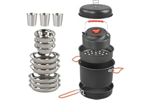 Aomiun Camping Cookware Kit, Aluminum Alloy Pot Pan Kettle Steaming stainless steel Tray Bowl Cup with Mesh Bag for Camping, Backpacking, Outdoor Cooking and Picnic 2-3 People