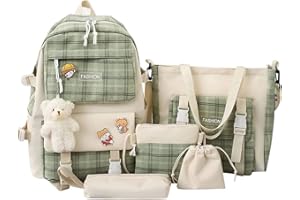 CYMWER Set di 5 zaini per la scuola in tela, zaini per la scuola Kawaii per ragazze studentesse, carino zaino estetico piccolo in tela tote bag accessori kawaii zaino per la scuola