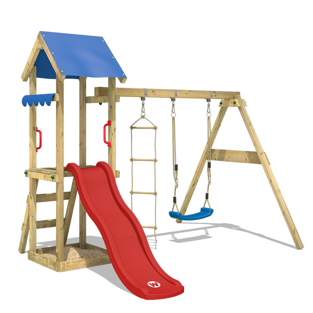 Wickey Parco Giochi In Legno Tinycabin Giochi Da Giardino Con Altalena E Scivolo Rosso Torre Di Arrampicata Da Esterno Con Sabbiera Per Bambini