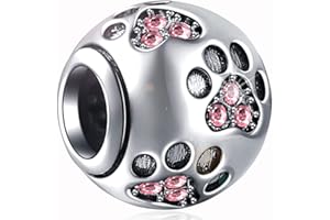CHAWIN Jewelry Paw Prints Charm fits Pandora Charm Bracelets, Solid 925 Sterling Silver Beads with Clear Crystal, Round Ball Shape, European Style, Pet Cat Dog Puppy Charms