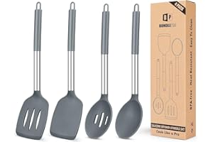 BUNDLEPRO Pack of 4 Silicone Cooking Utensils Set, Non Stick Large Solid Spatulas, Heat Resistant Gray Slotted Spoons, Ideal BPA Free Kitchen Turners for Frying, Mixing,Serving,Draining,Turning,Stirring