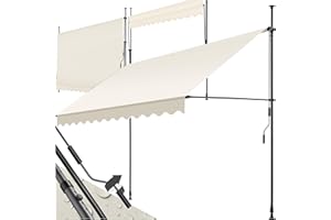 tectake Garden Patio Retractable Awning, Manual with Hand crank, Sun shade Canopy with UV and Rain Resistance, Clamp System with No Drilling Required - beige