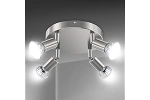 Creyer LED Ceiling Light Rotatable,4 Way Round Plate LED Ceiling Spot Lights, ø110mm (Including 4x4W GU10 LED Light Bulbs, 450LM, Cool White) LED Ceiling Lamp for Kitchen, Living Room - Matt Nickel