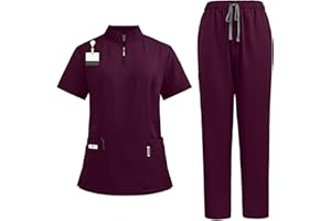 Meichoon Set de uniformes médicos para mujer con cuello en V y cremallera, cuatro bolsillos, pantalón de yoga elastizado, uniforme de trabajo para atención médica, salón de belleza DK50