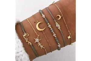 Jovono Bracelets Boho Étoiles et Lune superposés Ensembles de bracelets en perles d'or Strass Main Chaînes Amour Main Bijoux pour femmes et filles (6 pièces)