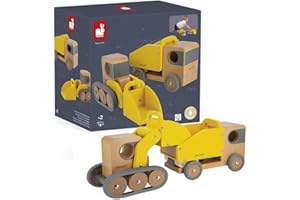 Janod - Camion Benne et Pelleteuse en Bois Massif Bolid - Roues Silencieuses - Imagination et Motricité Fine - Certifié FSC - Peinture à l'Eau - Dès 2 Ans, J04634