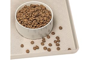 AVYDIIF Silicone Dog Cat Food Mat, Waterproof Slip Resistant Raised Edge Pet Feeding Mats, Pet Bowl Mat with High Lip, Anti-Messy and Prevent Spill on Floor, Dishwasher Safe (M: 48×30cm, Beige)