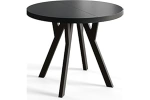 AlpiMeble Runder Esszimmertisch OVO, ausziehbarer Tisch Durchmesser: 120 cm bis 220 cm, Wohnzimmertisch Farbe: Schwarz, mit Holzbeinen in Farbe Schwarz