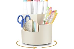 AiQInu Rotatif Pot a Crayon, Porte Organiseur Bureau, Porte-Stylos Pivotant à 360 Degrés avec 3 Compartiments, Rangement Stylo de Bureau Grande Capacité pour Papeterie, Maquillage, L'artisanat - Blanc