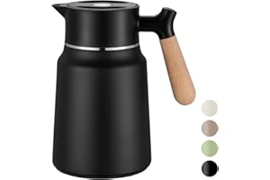 VETIN 1.5 L Thermos Flask, Teapot Thermo 304 Stainless Steel Double-Walled Vacuum Insulation, Insulated Jug with Wood Effect Handle, Coffee Pot Thermal 10 Hours Heat / 16 Hours Cold (Black)