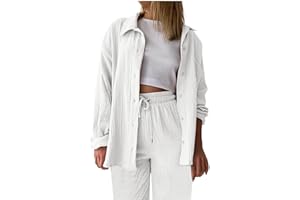 HANRAZ Musselin Bluse Damen，Revers Bluse + Plissee Hose Langarm Freizeitanzug Leicht mit Gummibund Sommer-Herbst Outfit Set Hosenanzug Elegant Locker mit geknöpfte Down Musselinbluse Loungewear