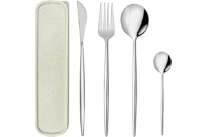 ZHAOCO Set di Posate da 4 pezzi Posate da Campeggio Portatili e Posate da Viaggio in Acciaio Inox, Portaposate Ecologico in Paglia di Grano, Ideale per Esterni, Viaggi, Ufficio, Pranzo a Scuola