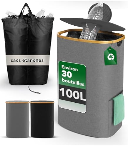 Conteneur De Collecte Bouteilles Consignées 100L Avec Couvercle Et Sacs Amovibles - Noir, Rangement Cuisine
