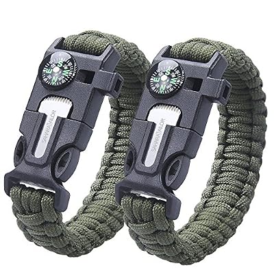 Sahara Sailor 2PCS PACK Multifonctionnel Paracord Bracelet, Sahara Sailor Outdoor Survival Kit Parachute Cord Buckle W Compass Flint Allume-feu Scraper Sifflet Randonnée Camping urgence - vert armée