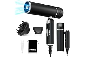 7MAGIC Travel Ionic Hair Dryer, Lightweight Foldable Blow Dryer with Diffuser for Curly Hair & Constant Temperature Care, Anti-Hair Suction Technology Hairdryers for Women, Black