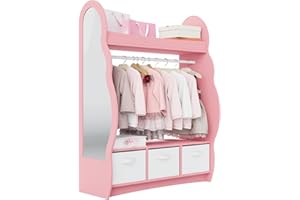 Hironpal Kid Dress Up Storage with Mirror Kids Wardrobe Dressing Up Rail Open Hanging Costume Armoire Closet Pretend Storage Organizer Children Clothes Center for Girl Bedroom (cloud,3 drawer,pink)