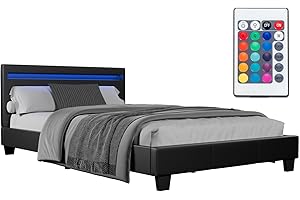 ‎JUSKYS Juskys Polsterbett Paris 120x200 cm mit LED-Beleuchtung, Lattenrost & Kopfteil, Bett mit Gestell aus Holz & Kunstleder Bezug, schwarz