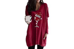 Yming Frauen Weihnachtspullover Rundhals Langarm Sweatshirts Lose Urlaub Pullover mit Taschen