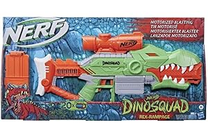 Hasbro Nerf DinoSquad Rex-Rampage, Blaster motorizzato con caricatore da 10 dardi, 20 dardi Nerf, supporto per 10 dardi e design a forma di T-Rex, Multicolore