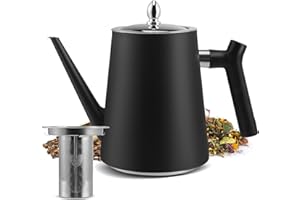 STRIXORN Théière en Acier Inoxydable avec Infuseur, 1.5L Noire avec Poignée Résistante à la Chaleur pour Herbes Fruitières et thé à Infusion, Double Paroi Isolée en Acier Inoxydable
