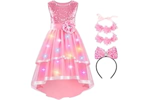 WIKITOT Light up Girls' Sequin Dresses, Sleeveless Princess Flower Dress with Headband for Girls Aged 3 to 12 Year Old, Summer Dress for Party, Prom, Birthday, School