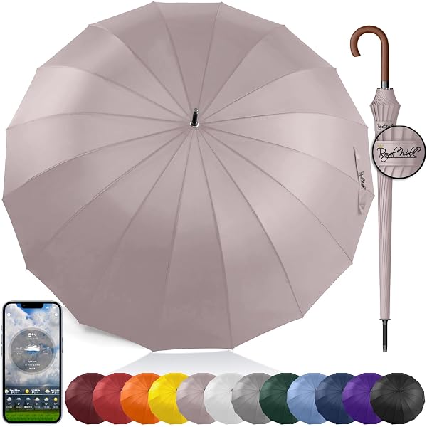Parapluie Long Automatique Falconetti - Diamètre 102 Cm, Manche En Bois - Toile Polyester Imperméable Beige - Unisexe