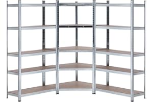 THINIA HOME - Pack 2 Estanterías Modulares + 1 Estantería Esquinera, Acero y MDF Antihumedad, Hogar, Trastero, Garaje, Taller, Comercio, 5 Baldas Ajustables, Carga Máx. 875Kg (x3)