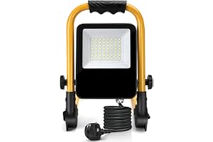 Aigostar 240V Work Light, Job Site Light 30W 2700LM, Attic Portable Led Work Lights Main Powered, Plug in Folding Floodlight with 5.9ft Cord, IP65 Waterproof 6500K Builders Construction Lights