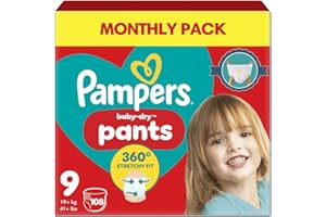 Pampers Baby-Dry Nappy Pants Size 9, 108 Nappies, 19kg+, Monthly Pack, 360° Fit to Help Prevent Gaps and Leaks