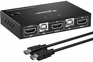 Rybozen KVM Switch HDMI USB 2 Port, 4 K@ 30 Hz Switch KVM HDMI,Collegare 2 PC a 1 schermo, Interruttore a chiave rapida, con 2 cavi HDMI e 2 cavi USB..