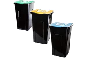 2FRIENDS Lot de 3 poubelles 50 l, avec couvercles à code couleur, pour un tri efficace des déchets à l'intérieur et à l'extérieur, durables et résistantes aux intempéries, 56 x 36 x 36 cm, fabriquée dans