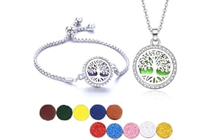 RIXERKOC Juego de Collar de Pulsera de aceites Esenciales con difusor de aromaterapia, Colgante de medallón con difusor Ajustable, Juego de 10 Almohadillas de Repuesto para Mujeres y niñas (Árbol)