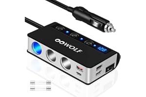 OOWOLF [Upgraded Version] Cigarette Lighter Splitter 2 QUICK CHARGE 3.0, Type-C 12V/24V Cigarette Lighter Adapter, 3-Socket 180W Car Charger Splitter, LED Voltmeter Display Separate Switch