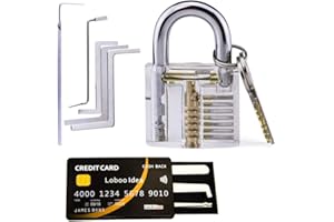 Loboo Idea Candado transparente para entrenamiento de práctica con 10 herramientas de cerrajero que incluye 5 llaves de tensión para recoger cerraduras de cerrajero con kit de herramientas de