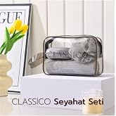 ARVALE Classico Seyahat Seti Banyo Seti Siyah - Duş Lifi, Sabunluk, Tarak ve Ayna Kapaklı Makyaj Kutusu