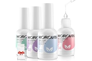 Morovan Dip Powder Liquid Set with Activator Base Top Coat and Brush Saver 4pcs 0.5oz for Nail Kit, Clear