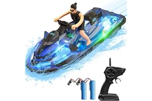 OBEST Remote Control Boat Jet Ski Toy for Pools and Lakes, 2.4 GHz Mini Race Boat with Figurine Dolls and LED Lights, 2 Batteries, RC Motorboat for Kids Adults Boys Girls