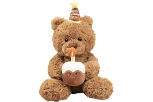 Teddy Bear Plush Birthday Cake, Stuffed Bear Toy with Cupcake & Embroidered Birthday Hat, Cute Plush Birthday Gift for Kids & Babies