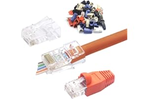 VCELINK RJ45 Connector Pass Through 50 PCS with RJ45 Boot Cover 50 PCS, Cat6 Ethernet Plug for Cat6/Cat5/Cat5e Network Cable, 5-Color Strain Relief Protection Boots Soft Plastic