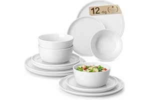 MALACASA 12 Pieces Gourmet Porcelain Dinnerware Sets, Premium Plates and Bowls Set, High-Fired Ceramic Dishes Set for 4, Chip & Scratch Resistant, Microwave Dishwasher Safe, White, Series LEXI