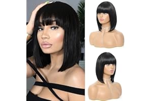 QIHANG Perruque Bob Courte Noire avec Frange 12 Pouces Perruque Naturelle Courte Droite pour Femmes Perruque en Fibre Synthétique Résistante aux Hautes Températures Perruque Décorative Quotidienne