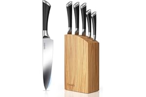 Denkich Coltelli da Cucina, 6 Pezzi Professionali Scoltelli da Cucina Tedesco in Acciaio Inossidabile, Ceppo con Blocco in Legno di Caucciù, Include Coltello da Chef, da Pane, da disco etc(8 pollici)