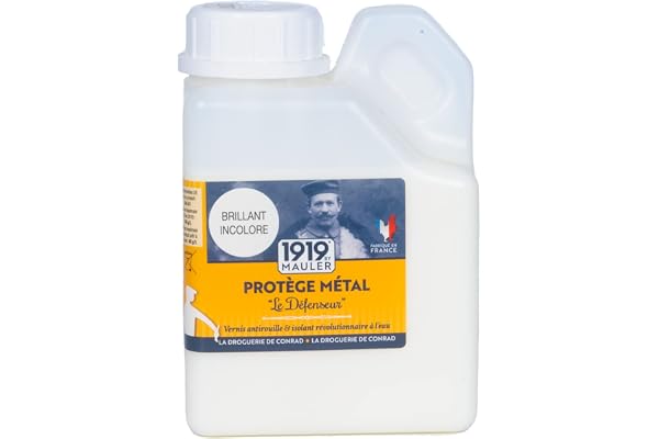 1919 BY MAULER - Vernis Métal Antirouille Le Défenseur - Brillant Incolore - 0,5L - Multisupport intérieur/extérieur – Fer, Cuivre, Laiton – Résiste à l’Usure, Chocs et Intempéries