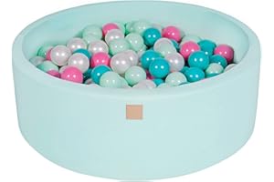 MEOWBABY Piscine À Balles pour Bébé - Rond 90x30cm Piscine a Balle pour Enfant avec 200 Balle, Coton, Menthe: Blanc Perlé/Turquoise/Rose Clair/Menthe