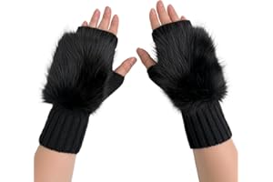 Fabchik Handstulpen Damen, Fingerlose Handschuhe mit Keildaumen Weiche Strick Pulswärmer Armstulpen mit Kunstfell für Alltag, Büro, Outdoor