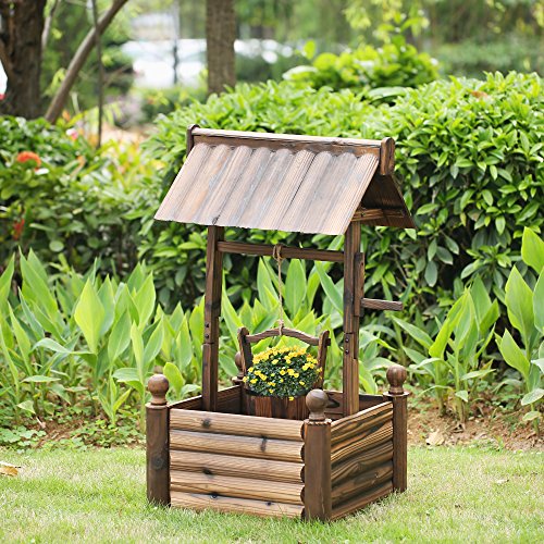 iKayaa Dekobrunnen Holzbrunnen Zierbrunnen Brunnen Gartenbrunnen aus Holz mit Dach - 3