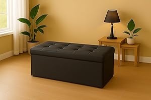 GX GARGIX Pouf, Panca Imbottita con Vano Contenitore Baule Trapuntato in Ecopelle VARI COLORI ELEGANTE (Les-4 Nero)