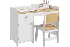 ZONEKIZ Kids Desk and Chair Set for 3-6 Years with Storage Drawer, Study Table and Chair for Children - White